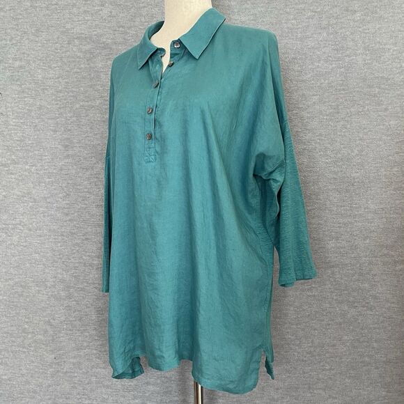 J Jill Love Linen Teal Tunic Size L Lagenlook Coastal Collared Beachy Minimalist - Picture 3 of 12